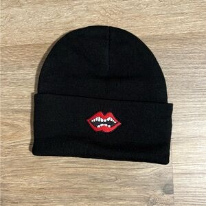 Chrome Hearts Black Beanie with Red Lips Design